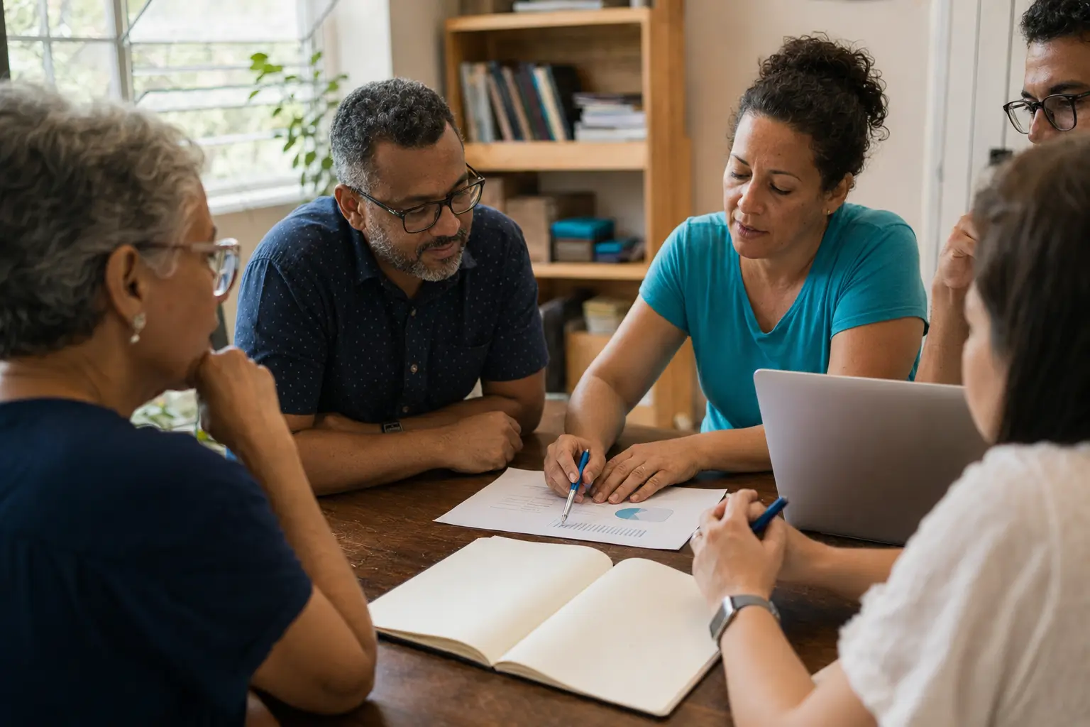 Lideranças colaborando em torno de uma mesa